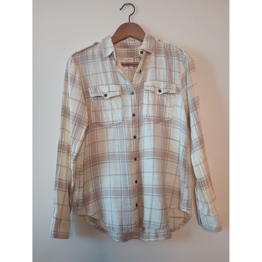 Billabong Venture Out Plaid Flannel Womens Shirt M Beige Grunge Bella Swan ALT